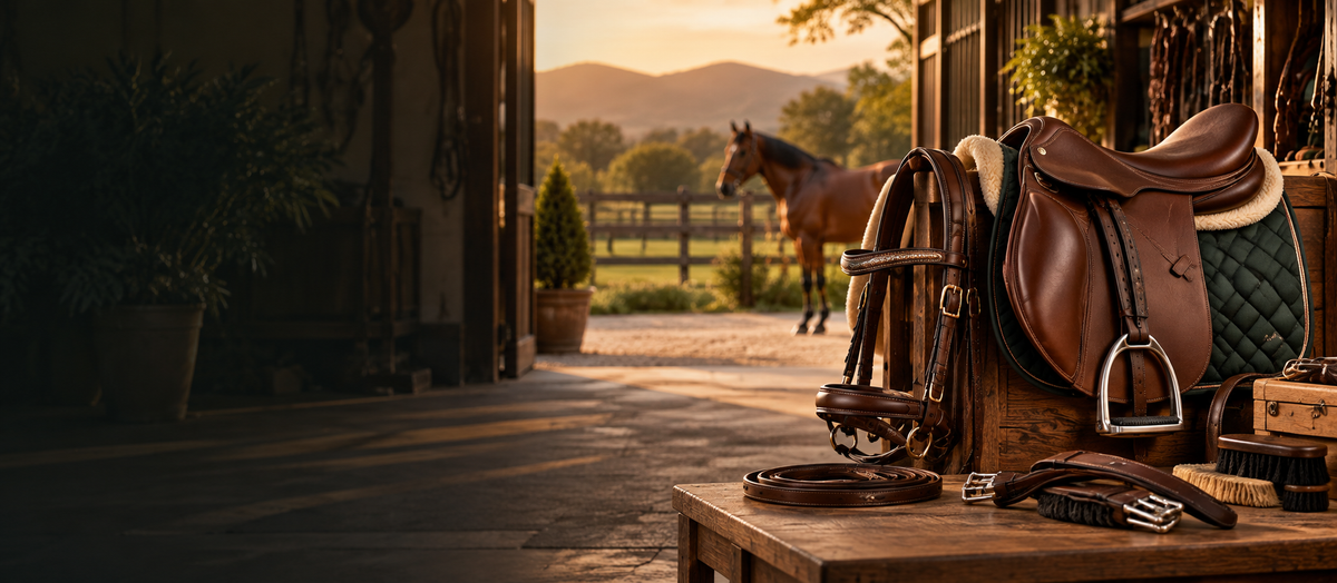 Golden Horse equestrian tack at a stable at golden hour
